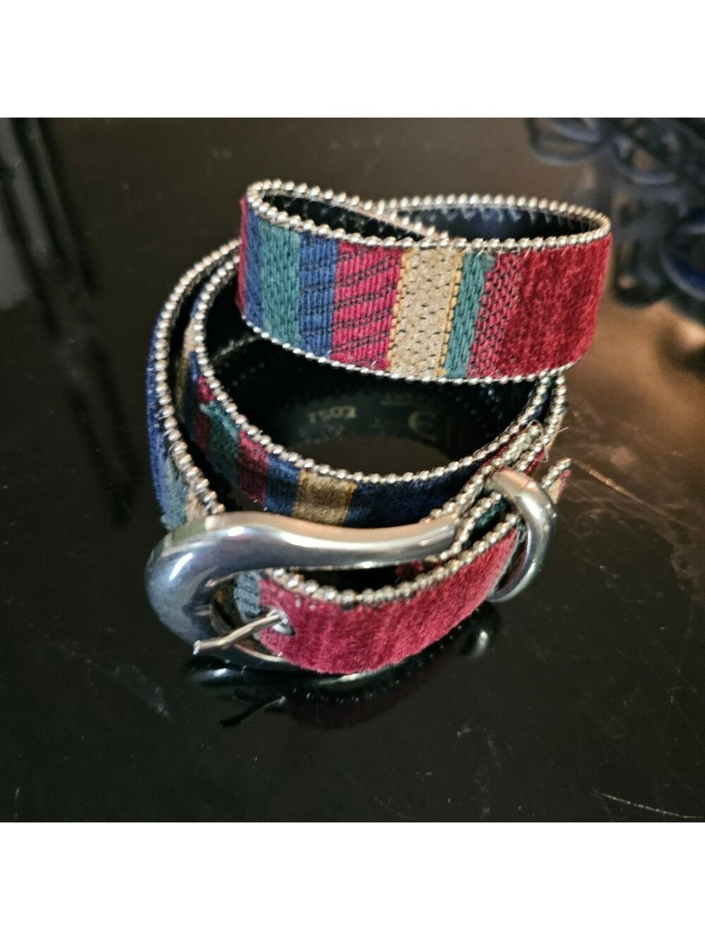 Elite Multicolored Embroidered Belt With Silver Bead Trim Size Small 33.5 Inches